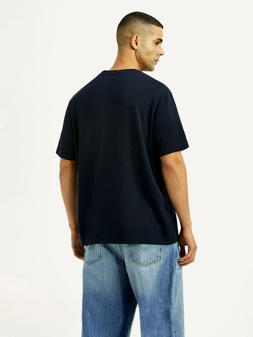 Men's Solid Navy Crew Neck T-shirt - Back View