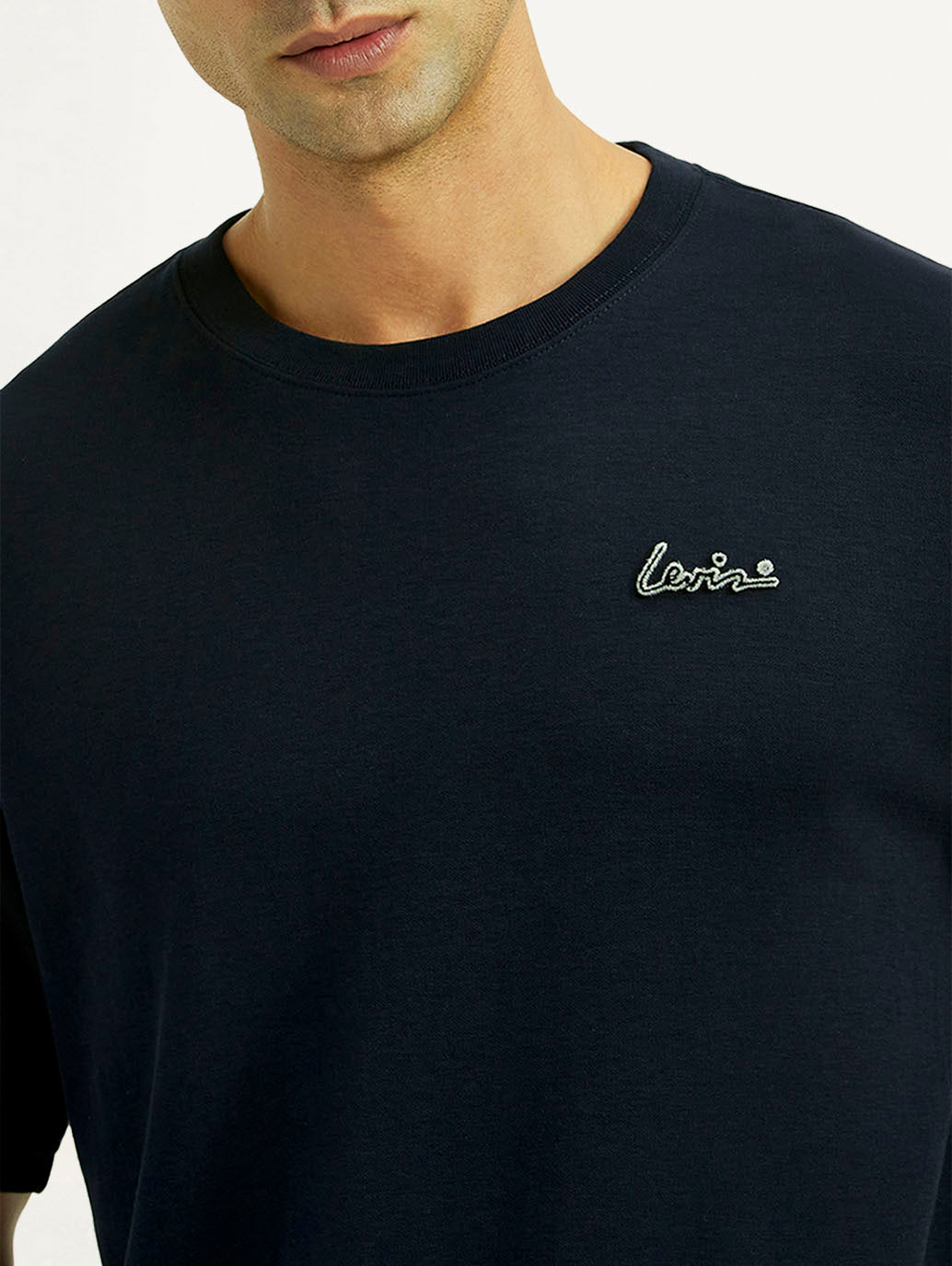Men's Solid Navy Crew Neck T-shirt - Detail View