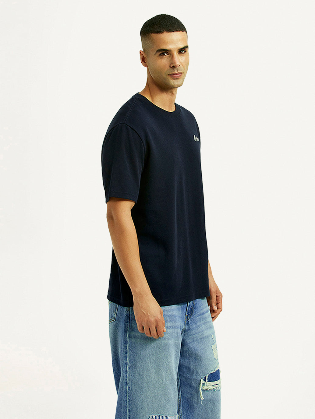 Men's Solid Navy Crew Neck T-shirt - Side View