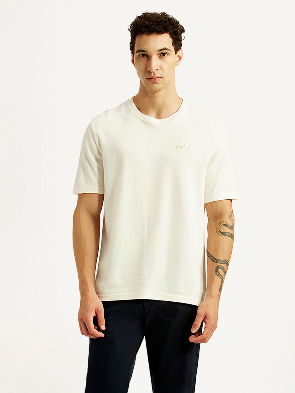 Men's Solid Off White Crew Neck T-shirt - Front View