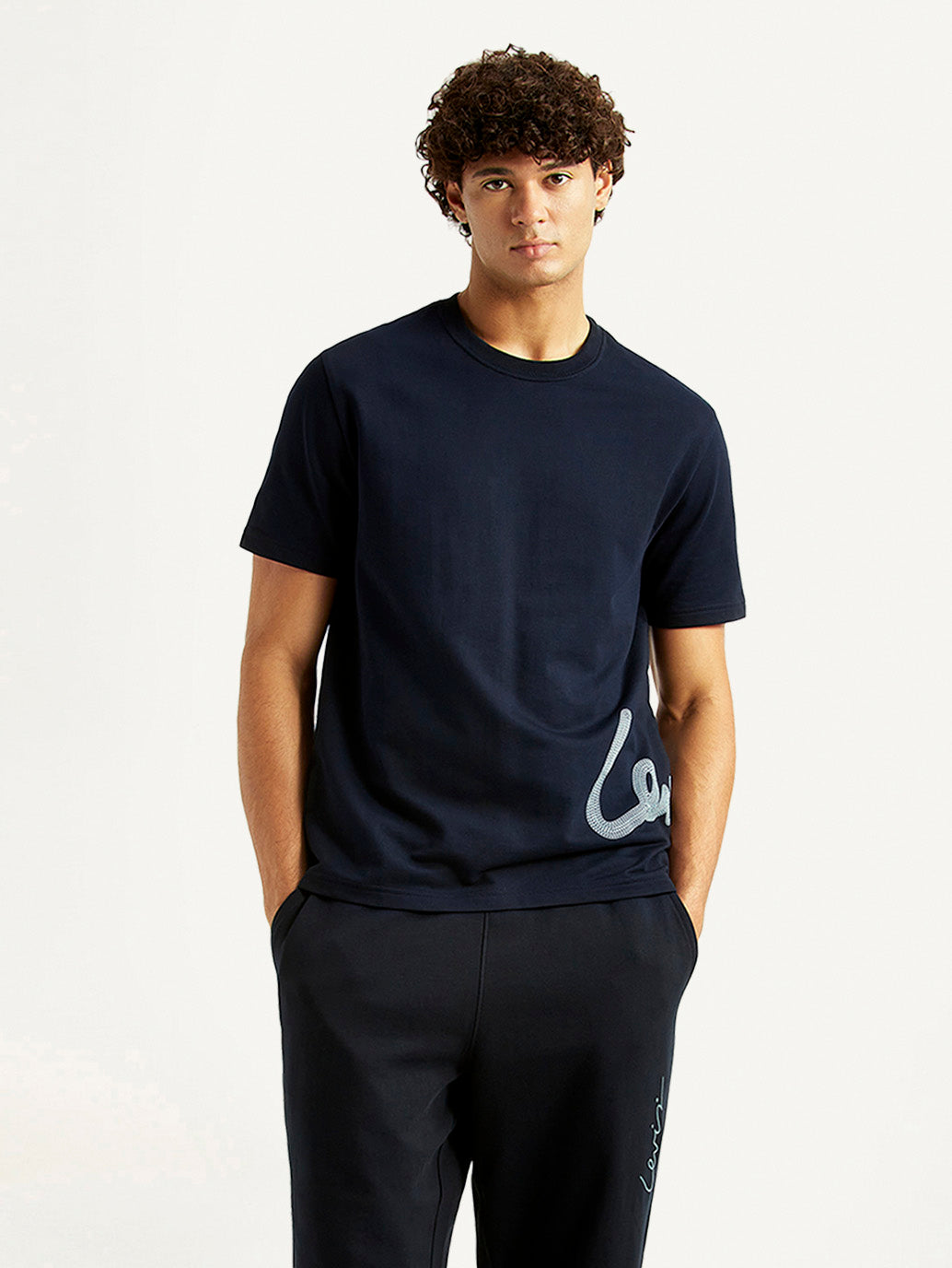 Men's Graphic Print Navy Crew Neck T-shirt - Styleshot View