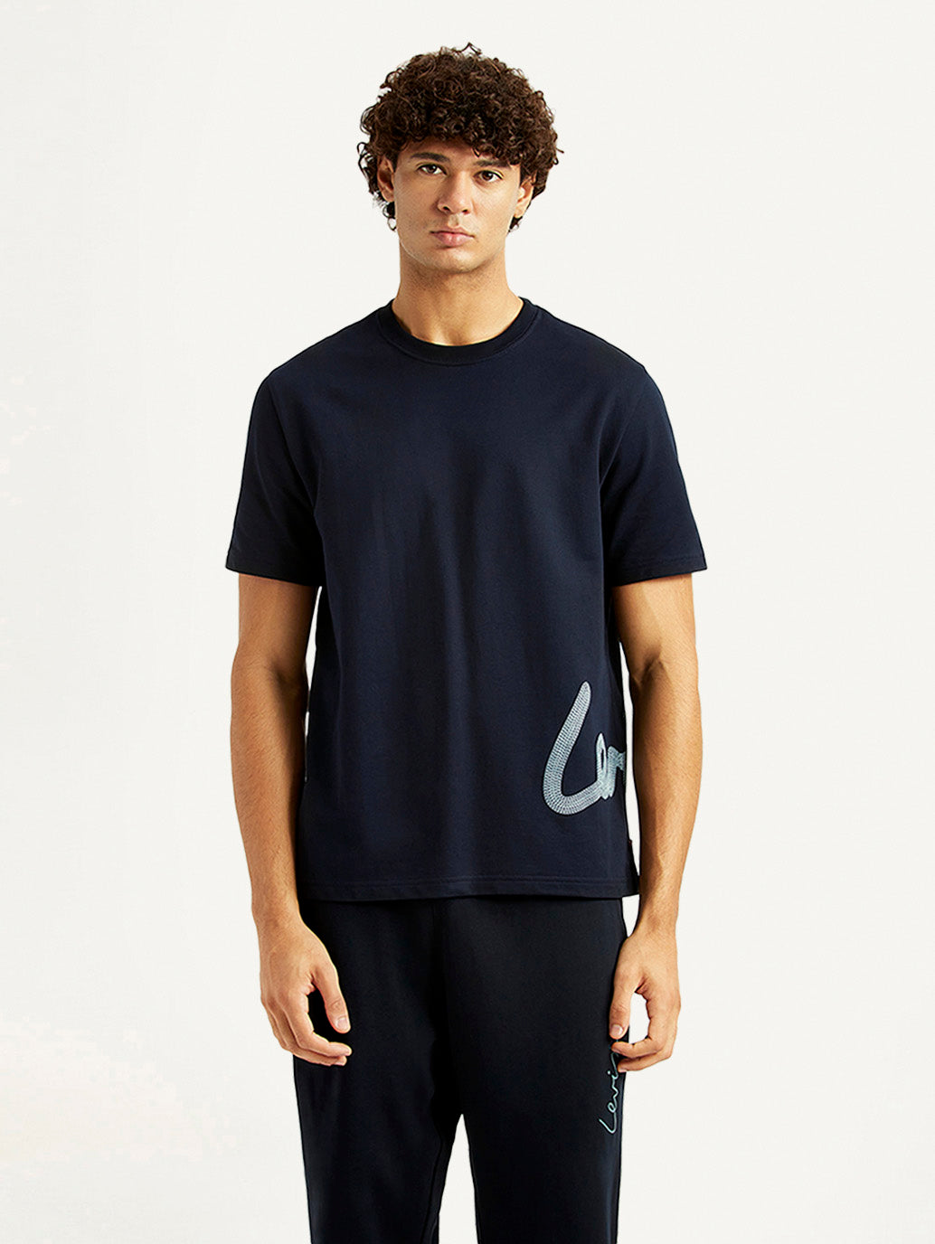 Men's Graphic Print Navy Crew Neck T-shirt - Front View