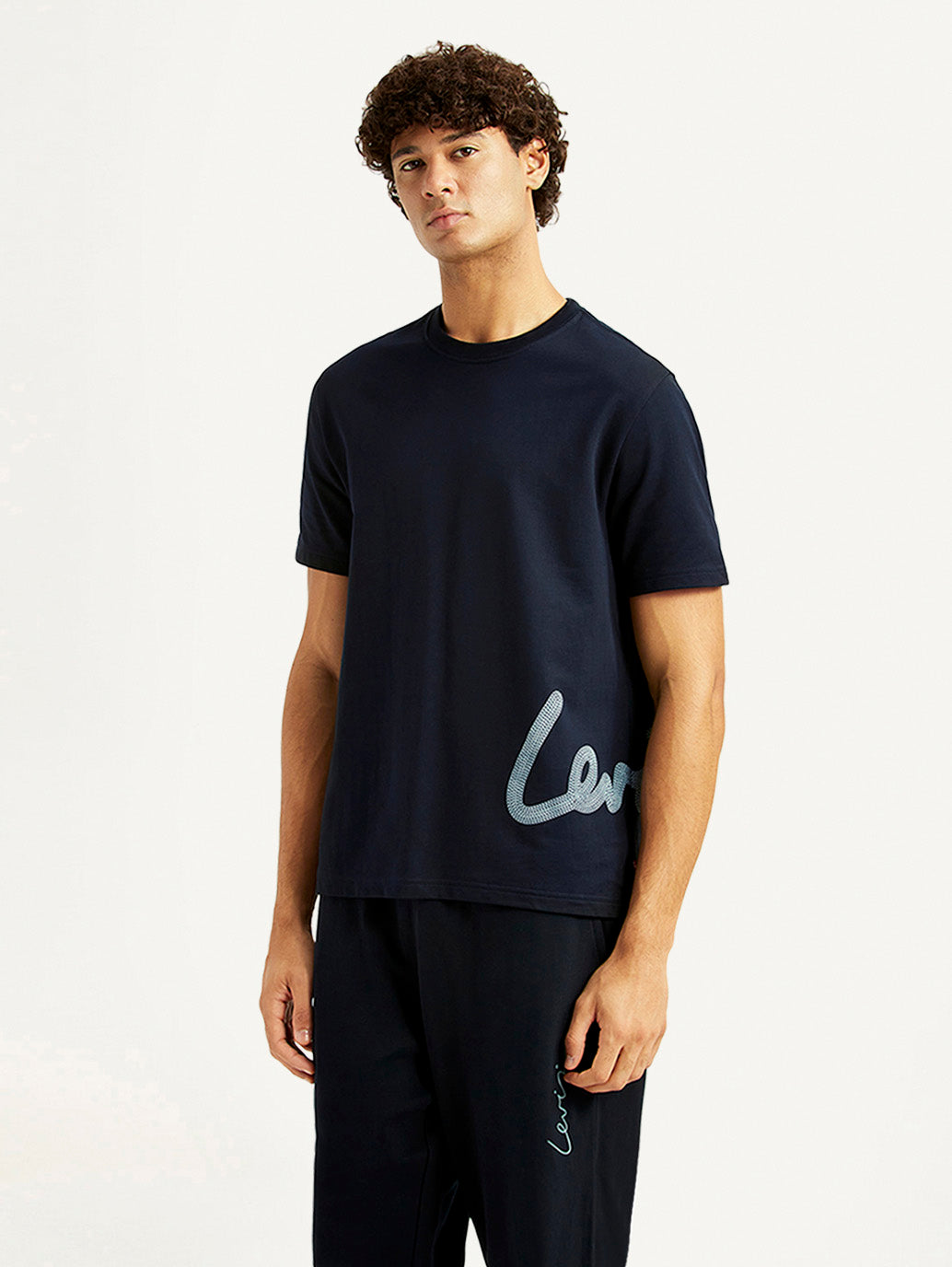 Men's Graphic Print Navy Crew Neck T-shirt - Side View