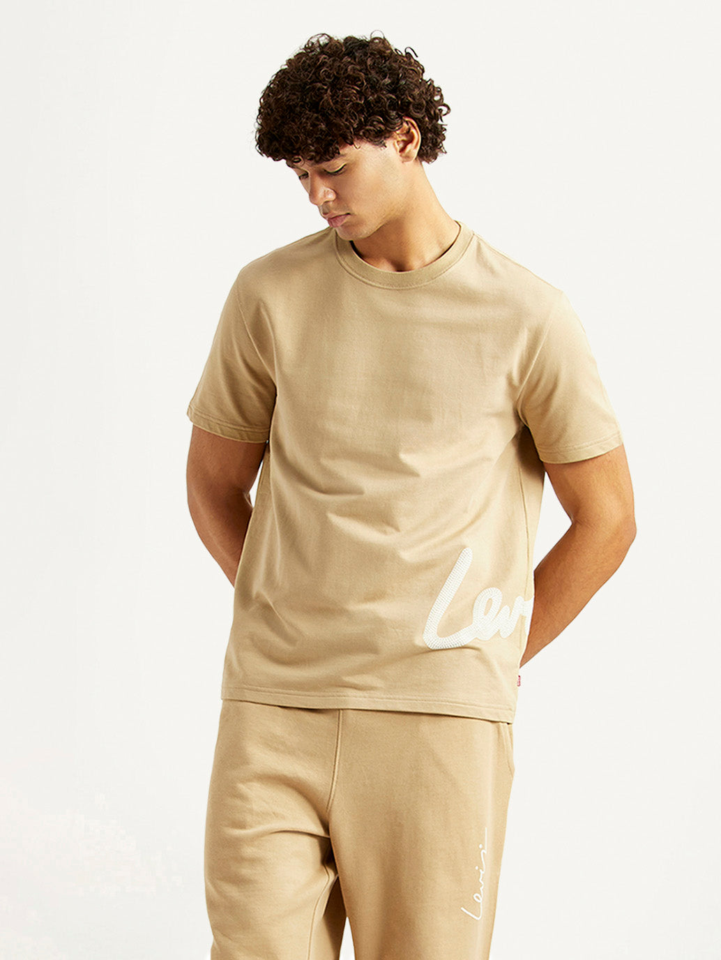 Men's Graphic Print Beige Crew Neck T-shirt