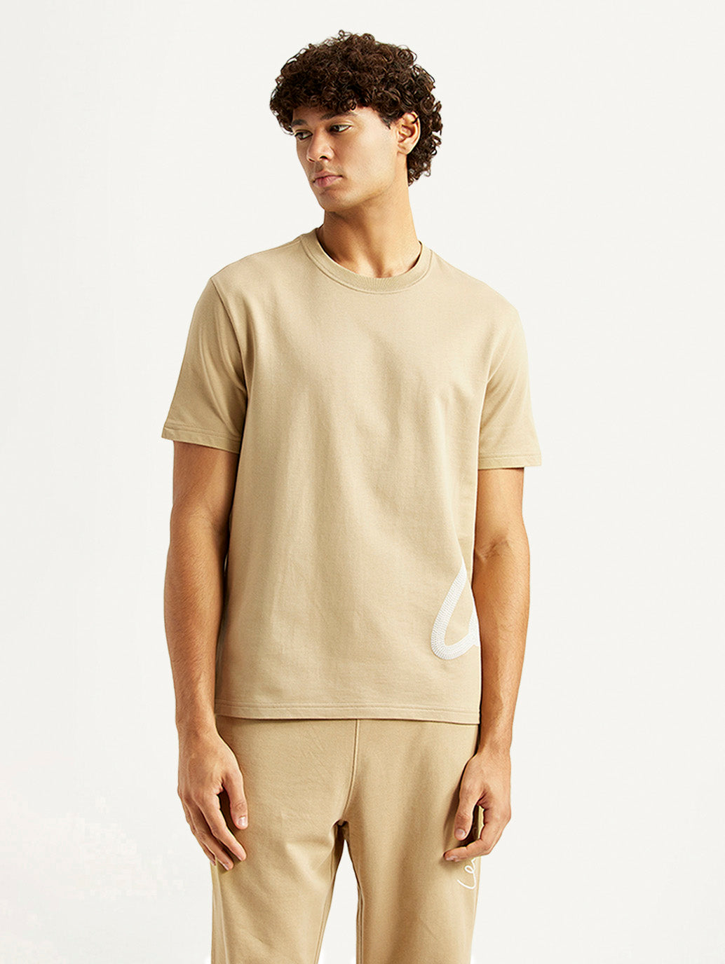 Men's Graphic Print Beige Crew Neck T-shirt - Front View