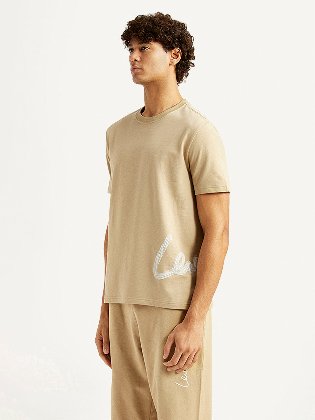 Men's Graphic Print Beige Crew Neck T-shirt - Side View