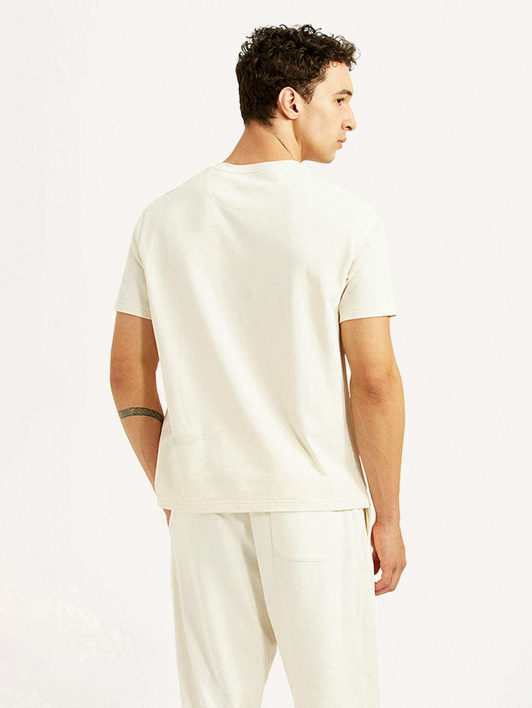 Men's Solid Off White Crew Neck T-shirt - Back View