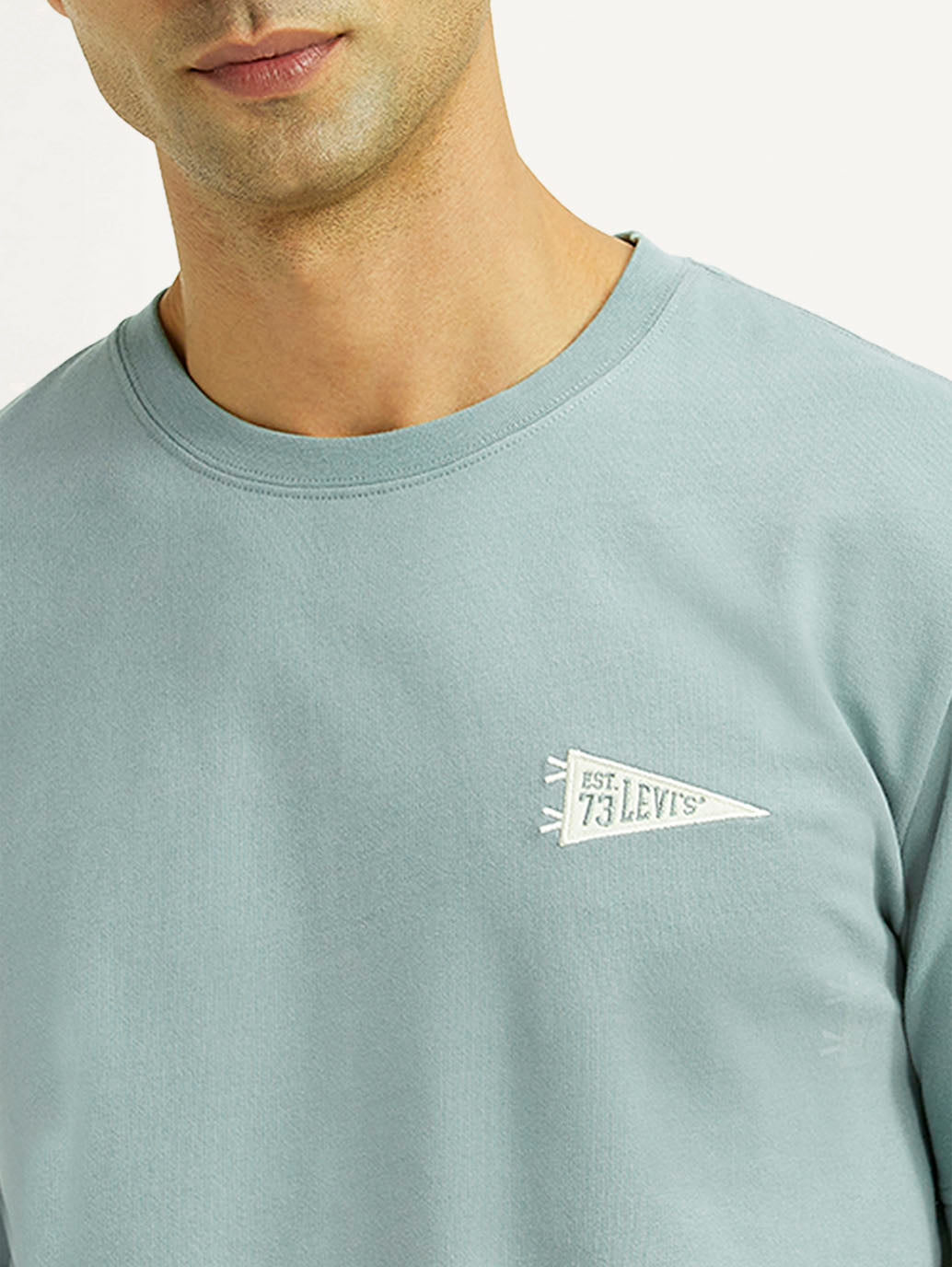 Men's Solid Light Blue Crew Neck T-shirt - Detail View