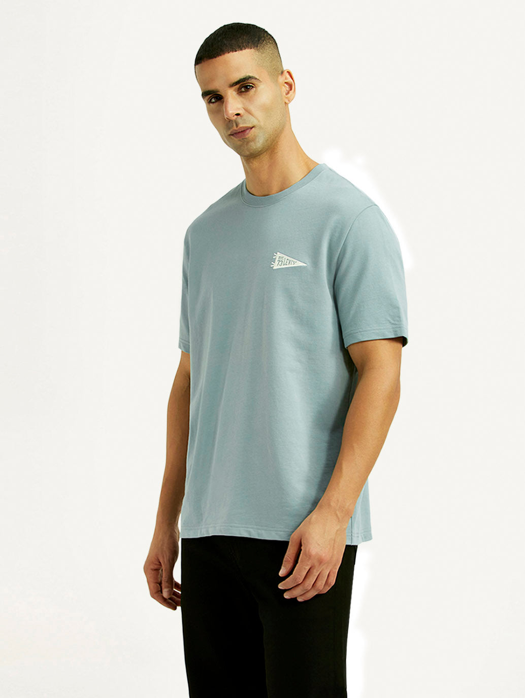 Men's Solid Light Blue Crew Neck T-shirt - Side View
