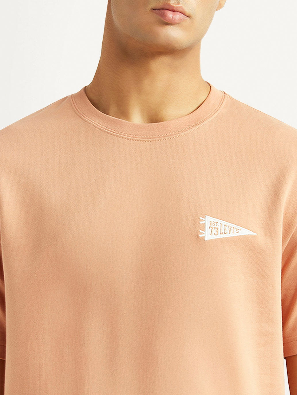Men's Solid Peach Crew Neck T-shirt - Detail View