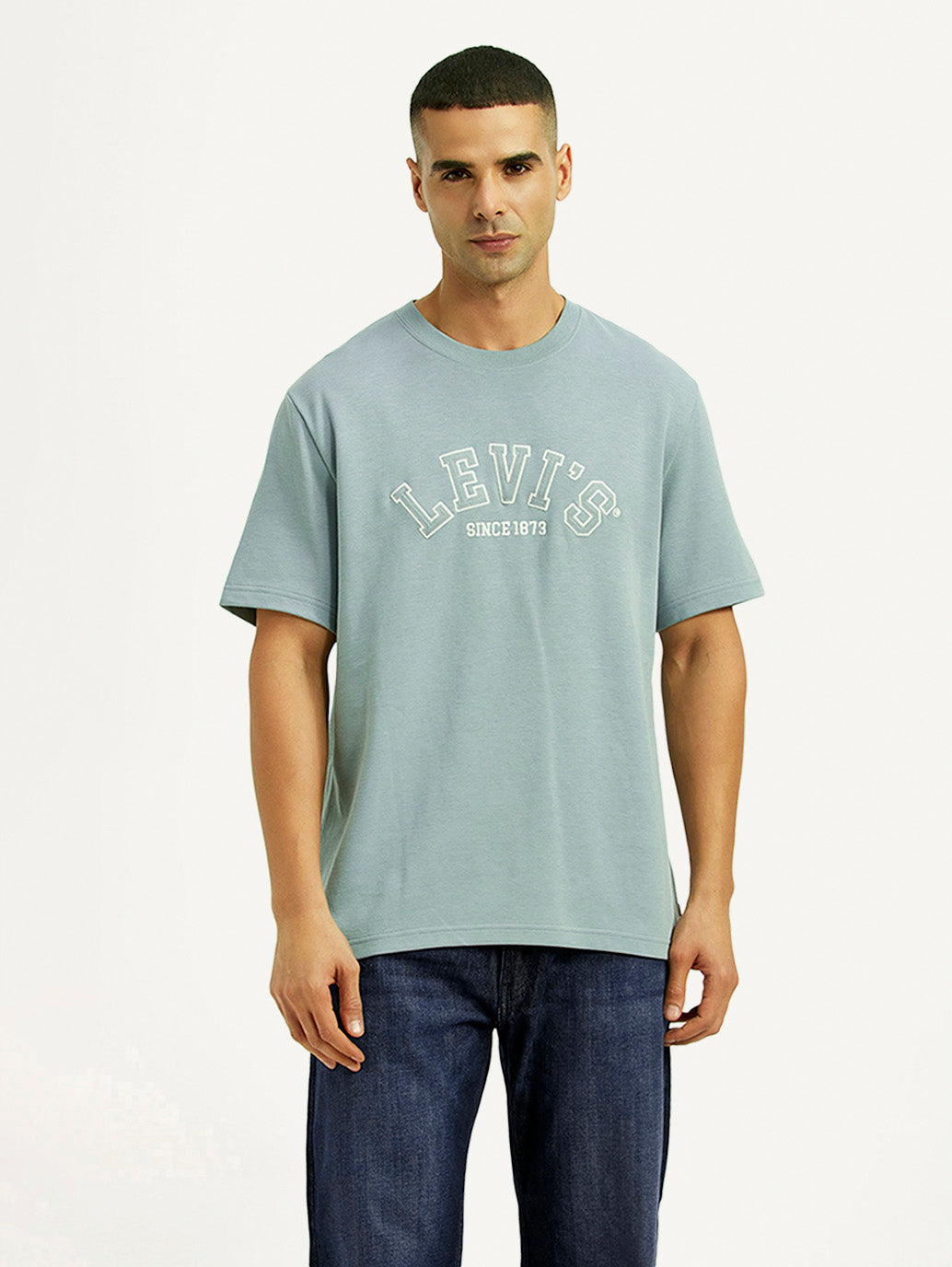 Men's Brand Logo Light Blue Crew Neck T-shirt - Front View