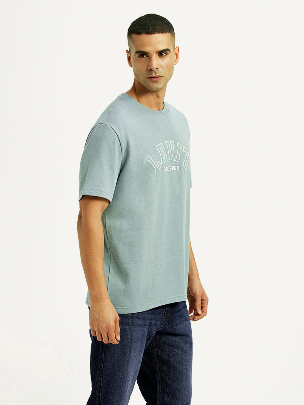 Men's Brand Logo Light Blue Crew Neck T-shirt - Side View