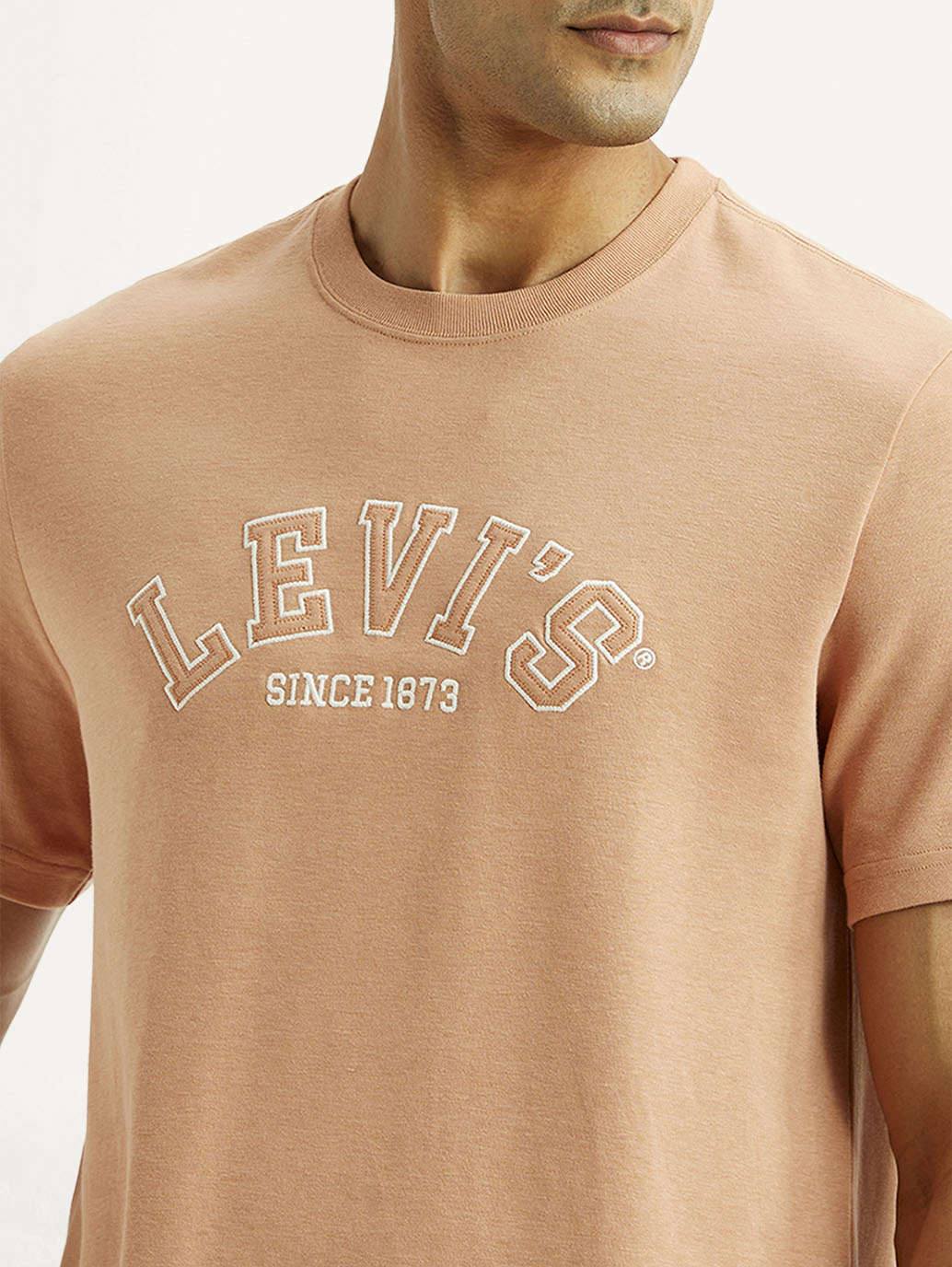 Men's Embroidered Peach Crew Neck T-shirt - Detail View