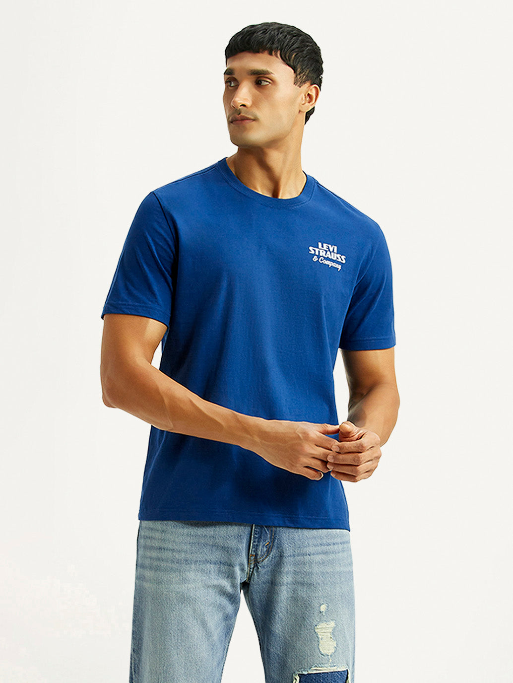 Men's Brand Logo Blue Crew Neck T-shirt