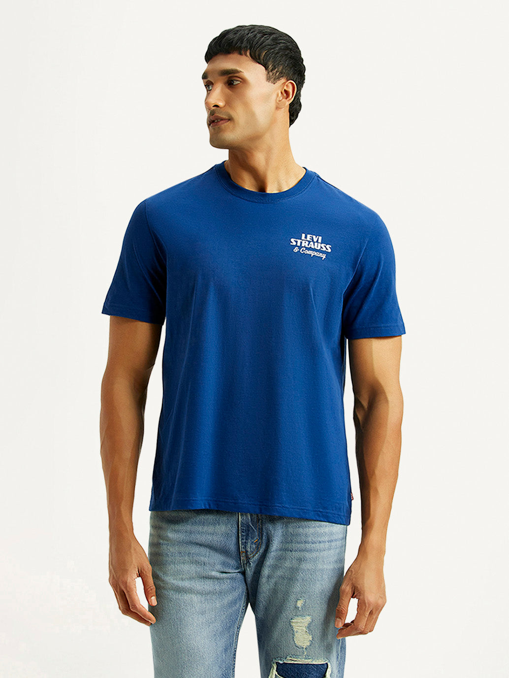 Men's Brand Logo Blue Crew Neck T-shirt - Front View