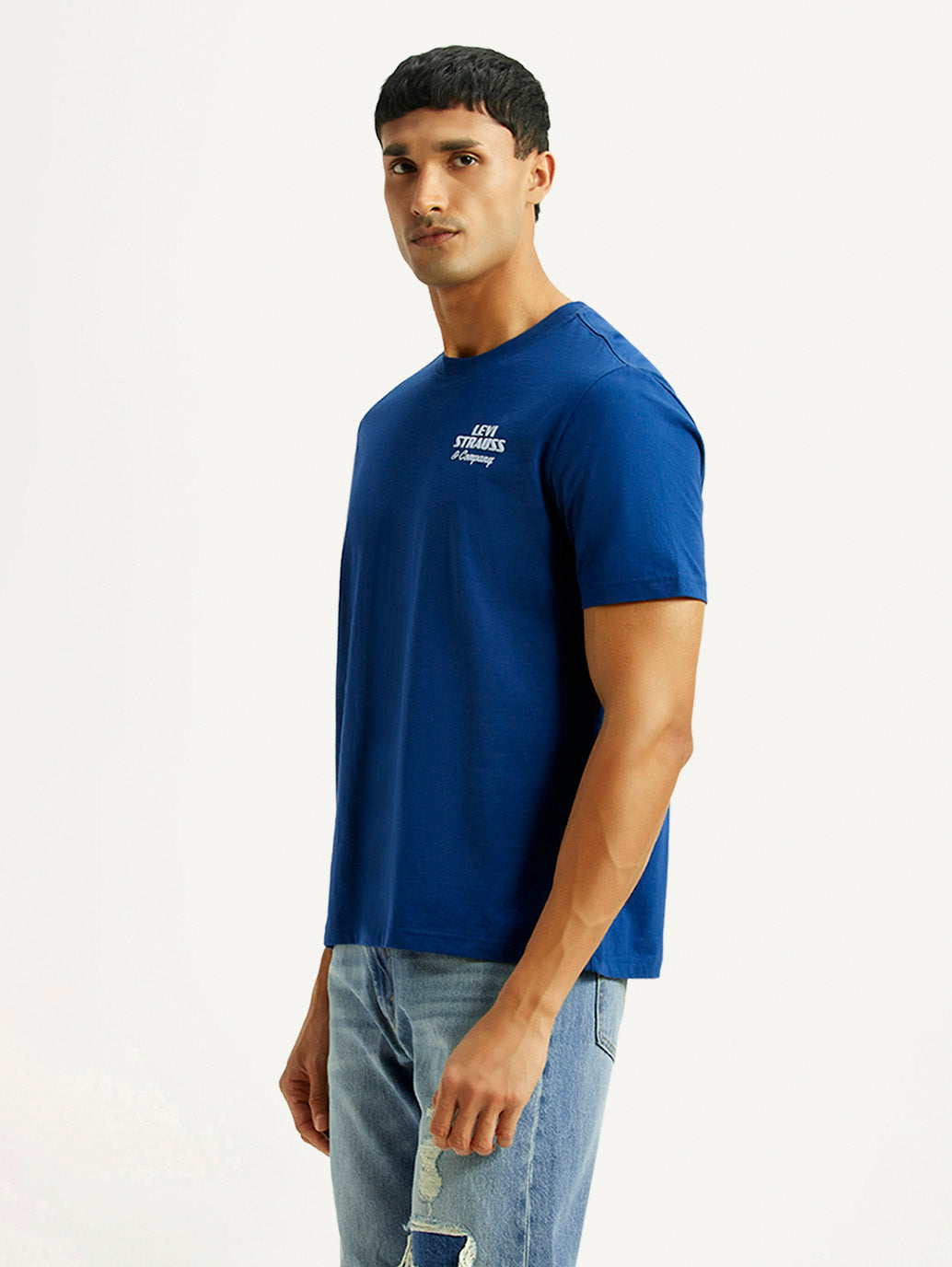 Men's Brand Logo Blue Crew Neck T-shirt - Side View