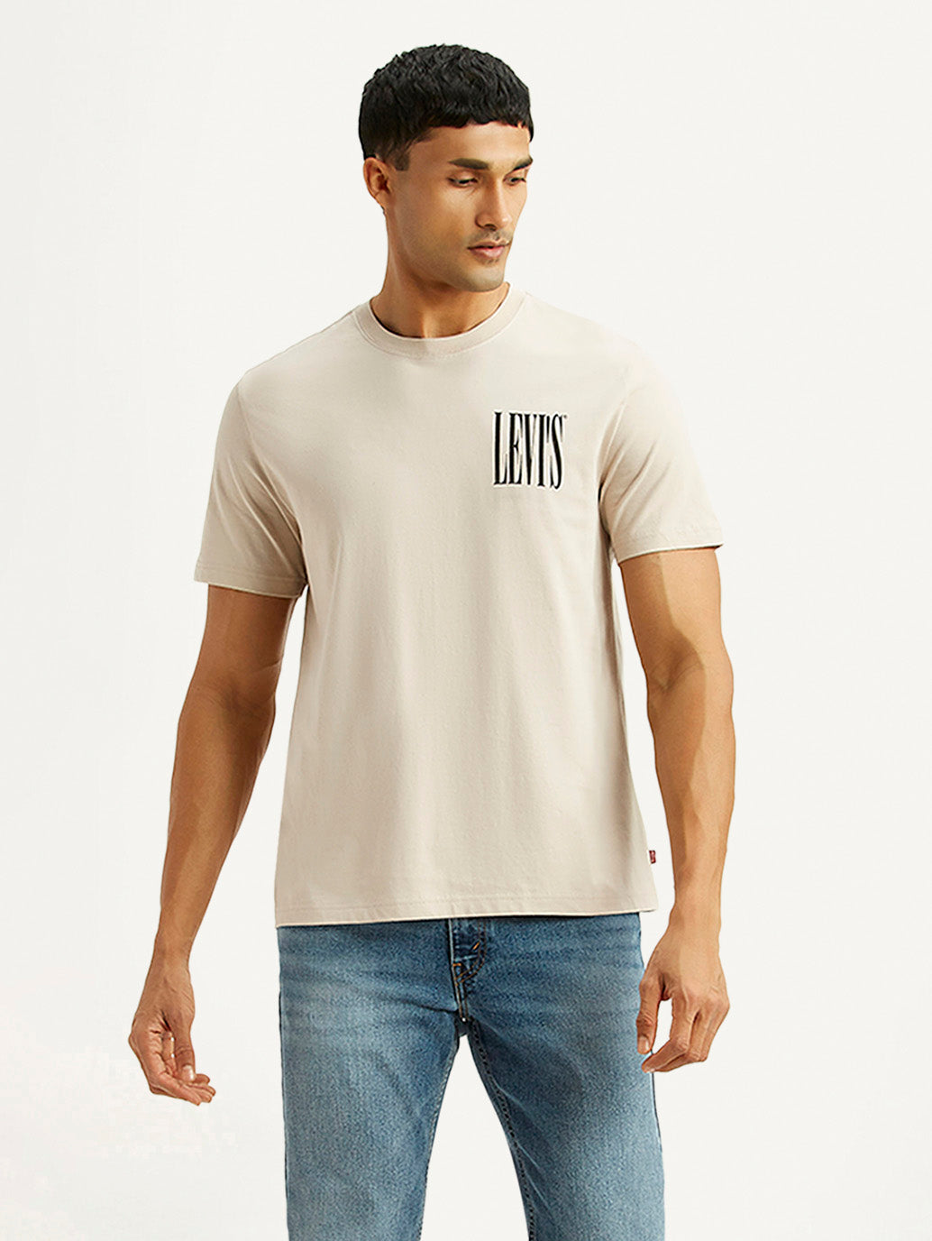 Men's Brand Logo Beige Crew Neck T-shirt