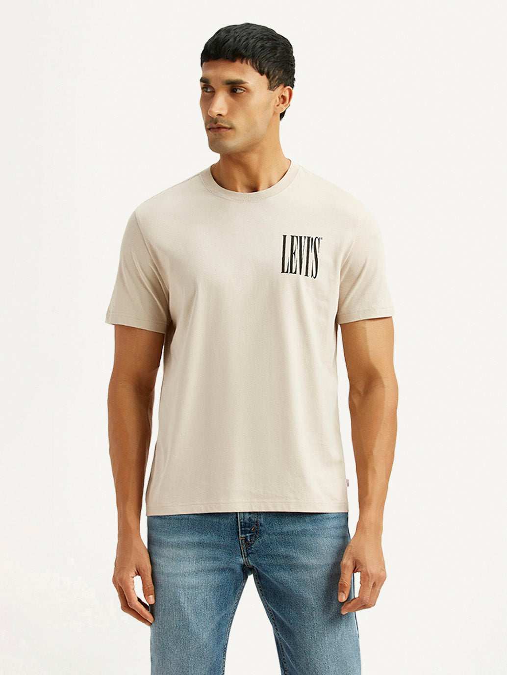 Men's Brand Logo Beige Crew Neck T-shirt - Front View