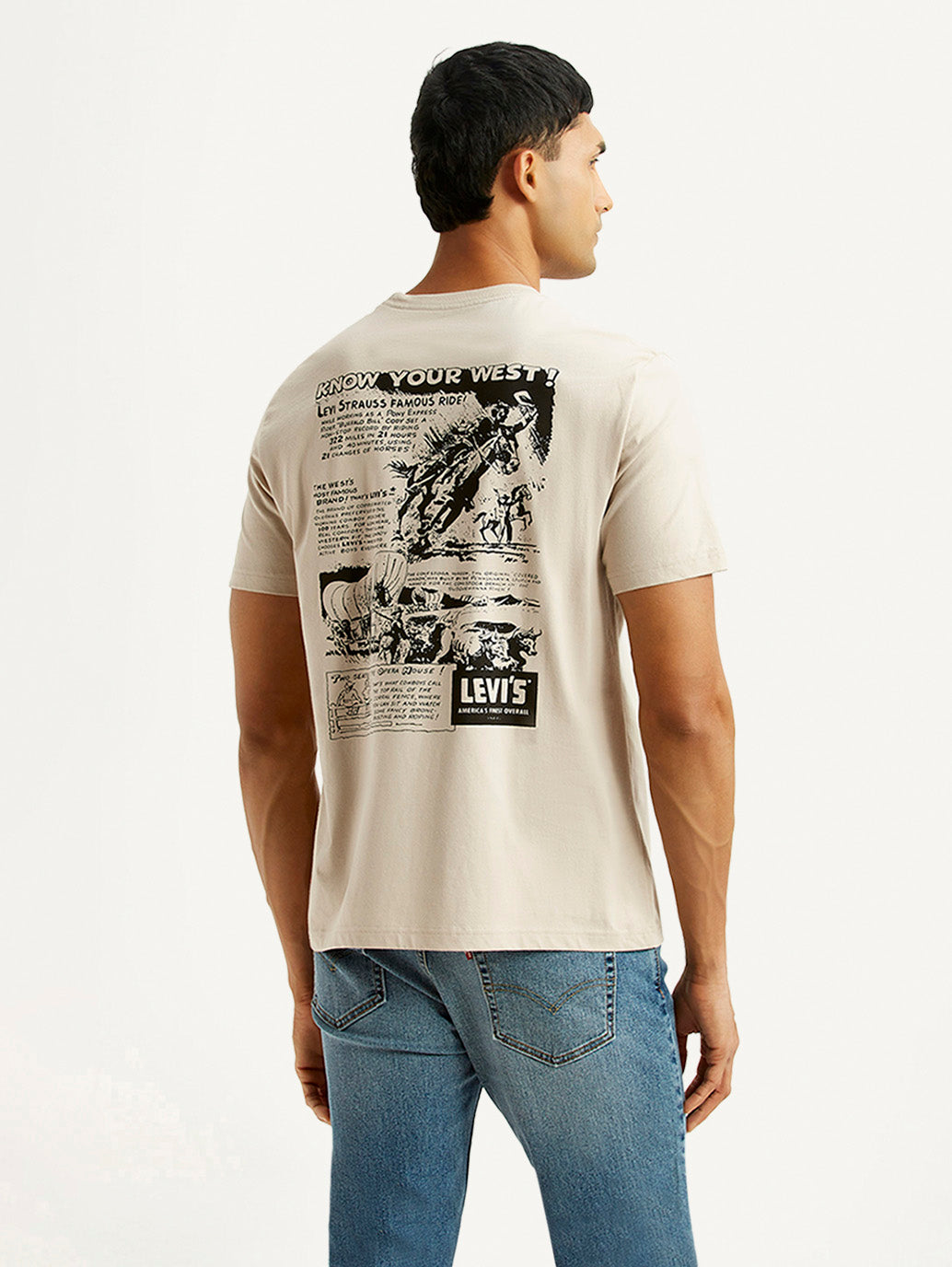 Men's Brand Logo Beige Crew Neck T-shirt - Back View
