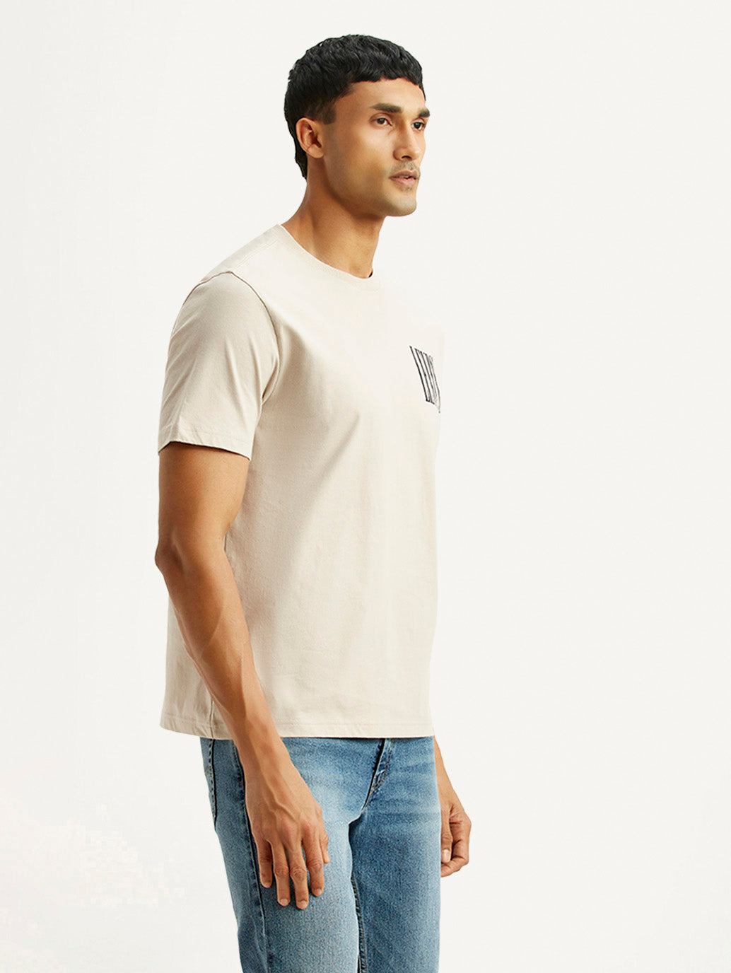 Men's Brand Logo Beige Crew Neck T-shirt - Side View