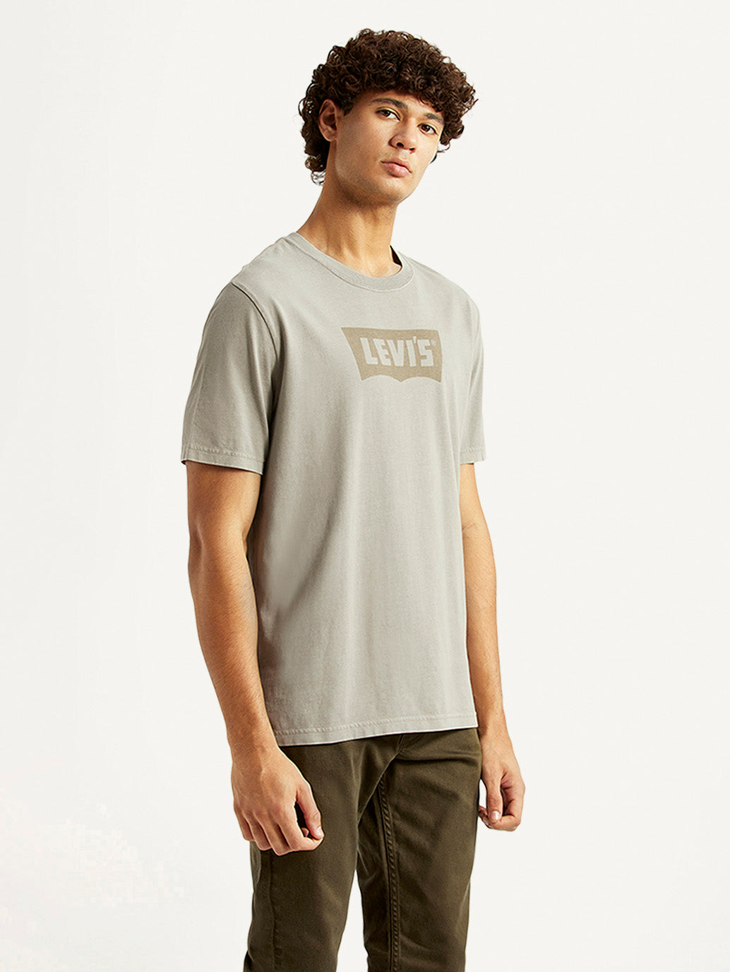 Men's Brand Logo Grey Crew Neck T-shirt - Side View