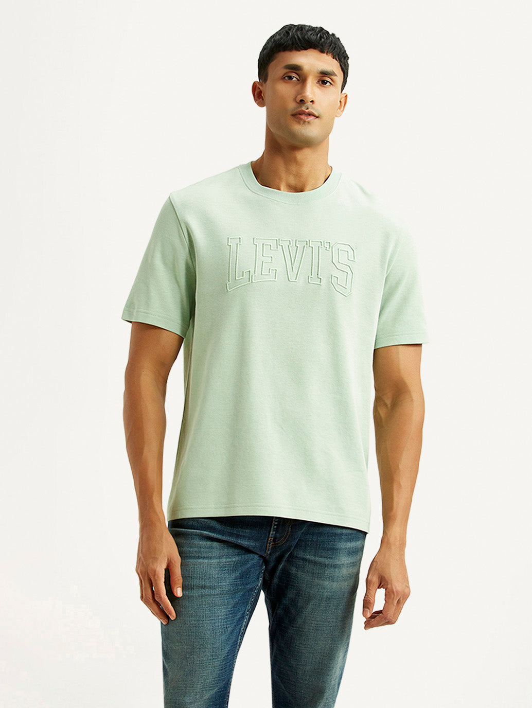 Men's Embroidered Green Crew Neck T-shirt - Front View