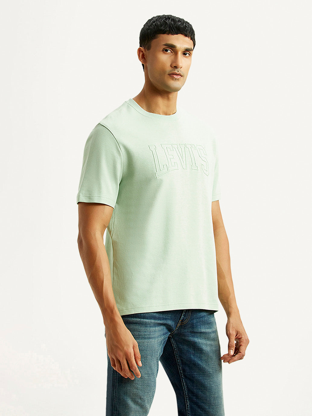 Men's Embroidered Green Crew Neck T-shirt - Side View