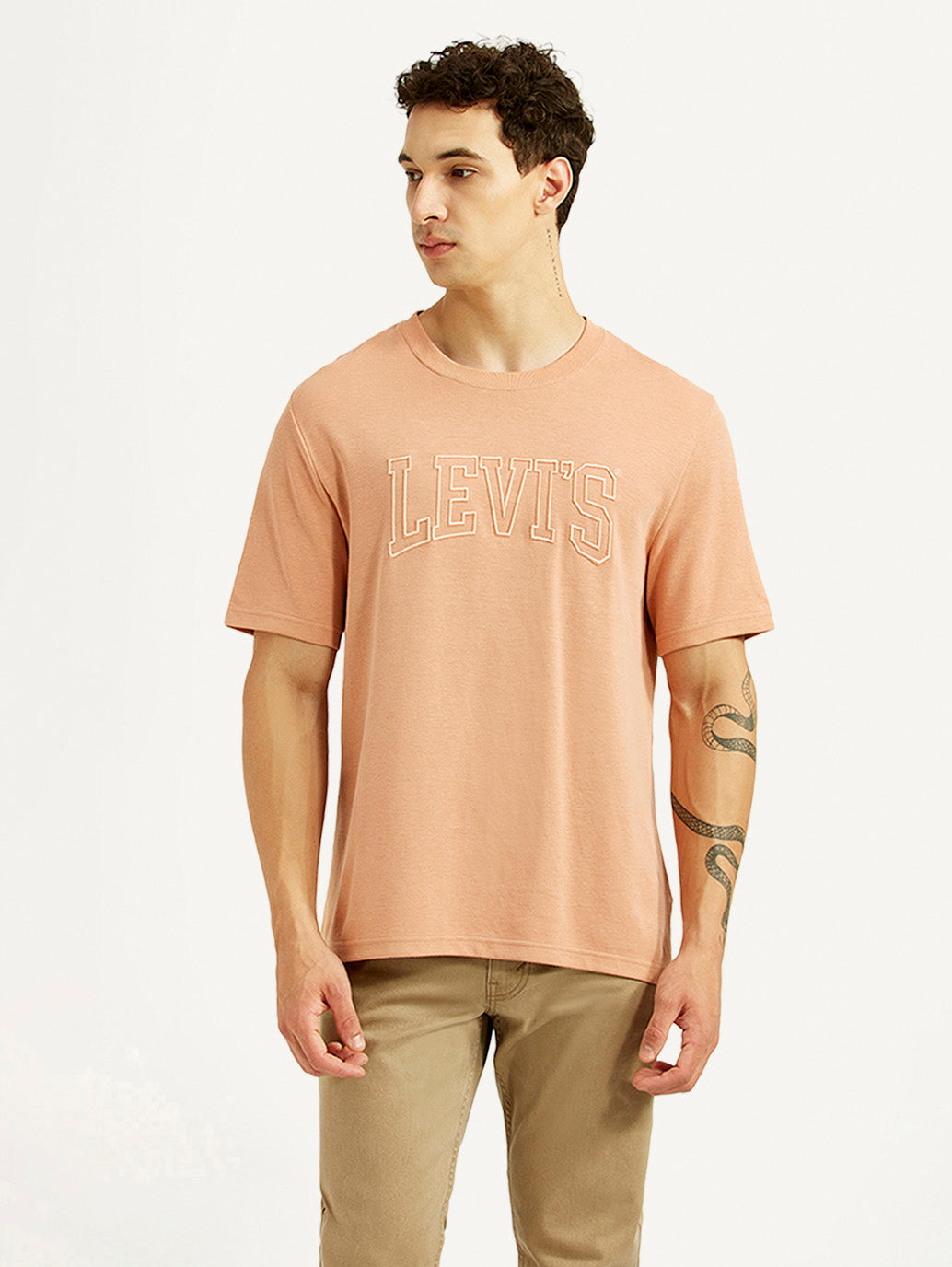 Men's Brand Logo Peach Crew Neck T-shirt - Front View