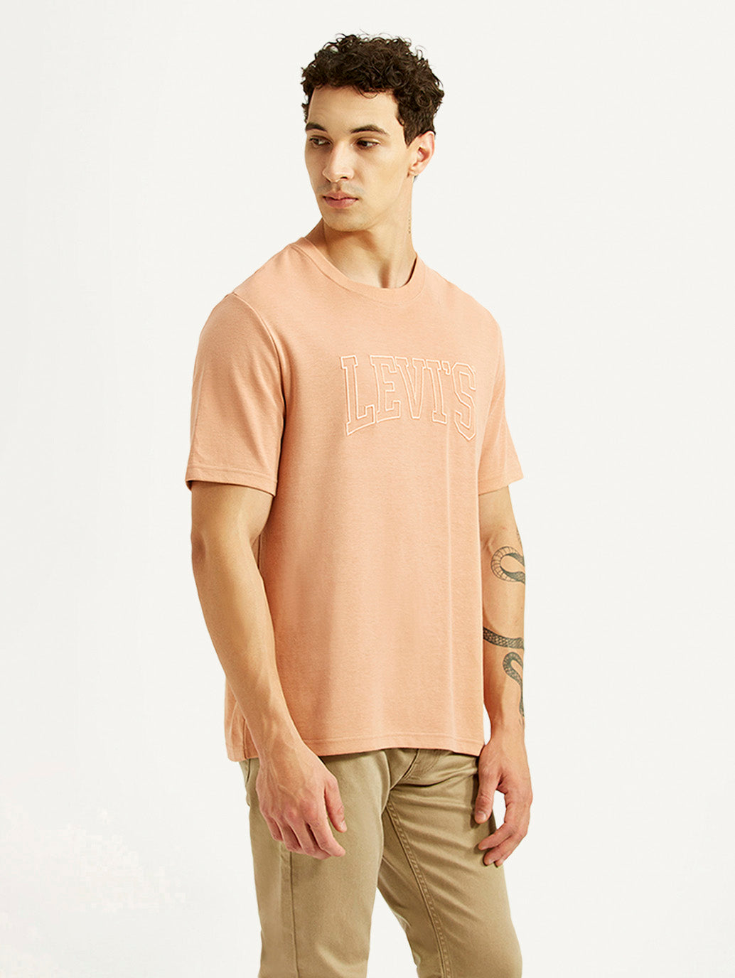 Men's Brand Logo Peach Crew Neck T-shirt - Side View