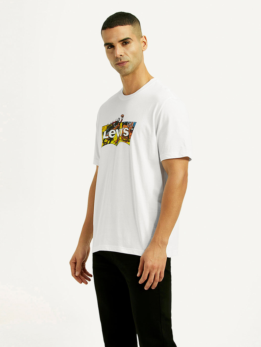 Men's Brand Logo White Crew Neck T-shirt - Side View