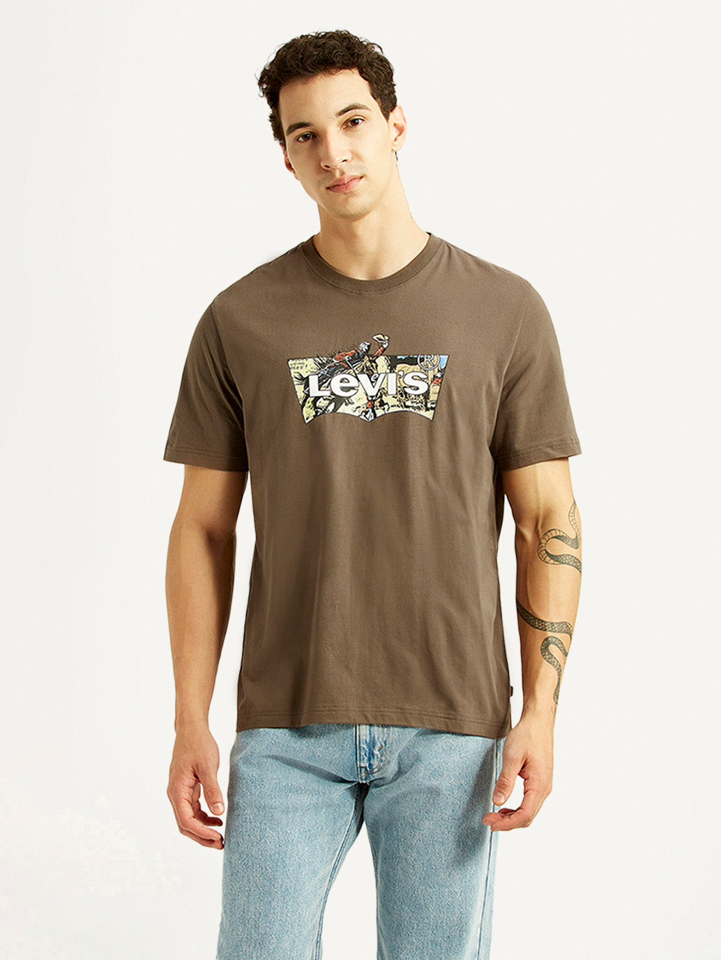 Men's Brand Logo Brown Crew Neck T-shirt - Front View