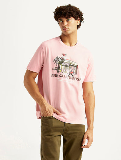 Men's Graphic Print Pink Crew Neck T-shirt-image-5