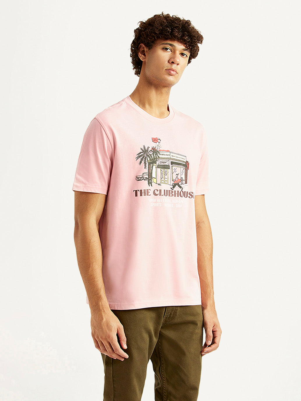 Men's Graphic Print Pink Crew Neck T-shirt - Side View