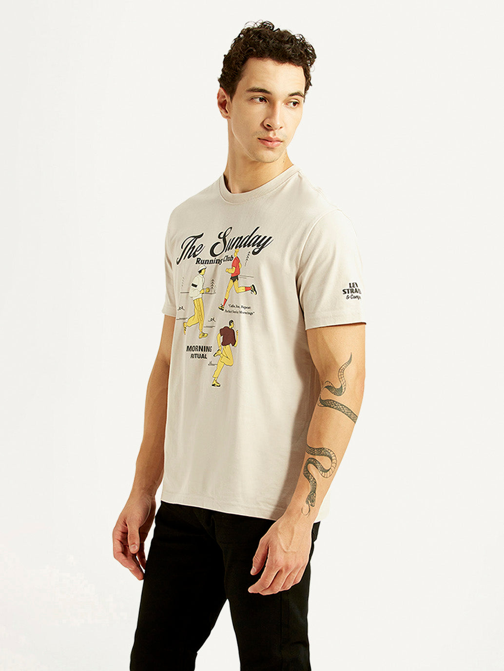 Men's Graphic Print Off-White Crew Neck T-shirt - Side View