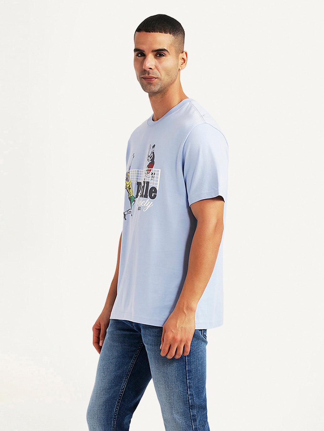 Men's Graphic Print Light Blue Crew Neck T-shirt - Side View