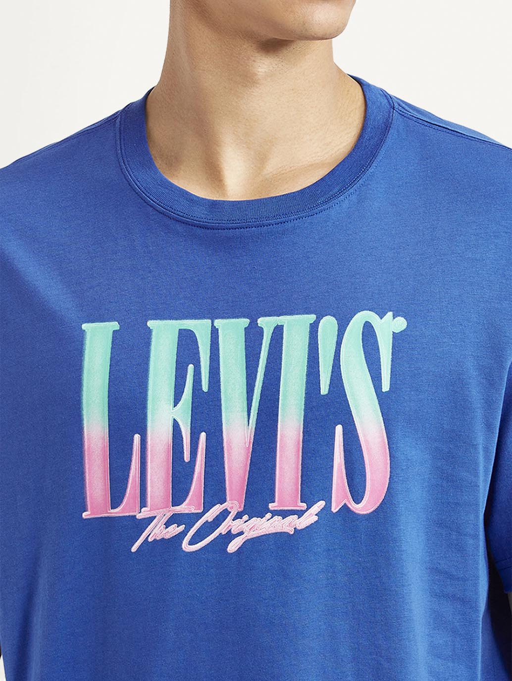 Men's Brand Logo Blue Crew Neck T-shirt - Detail View