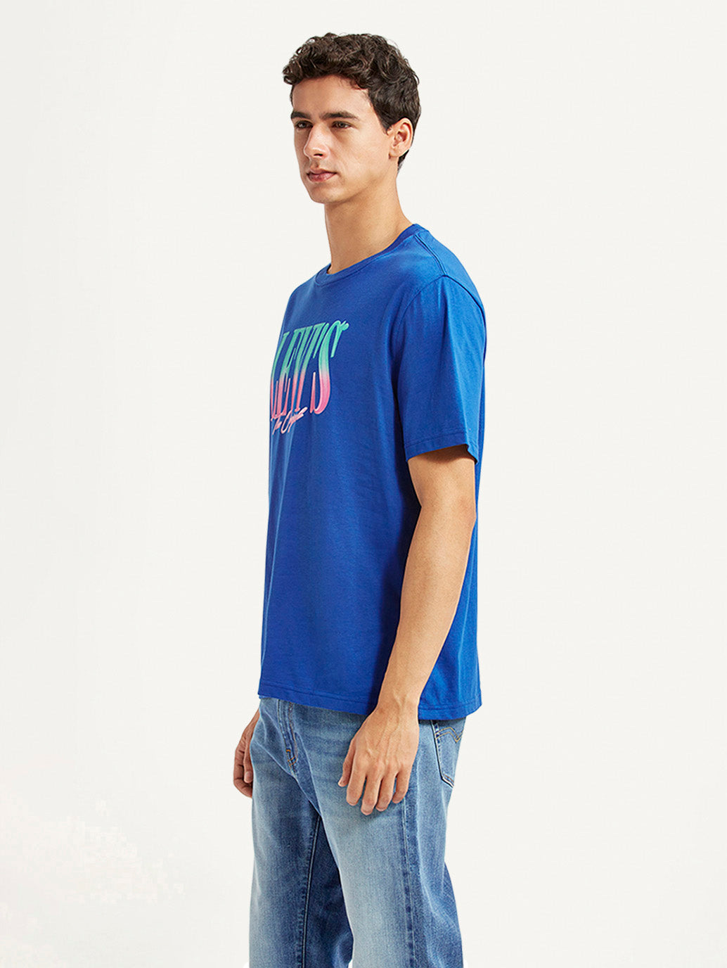 Men's Brand Logo Blue Crew Neck T-shirt - Side View