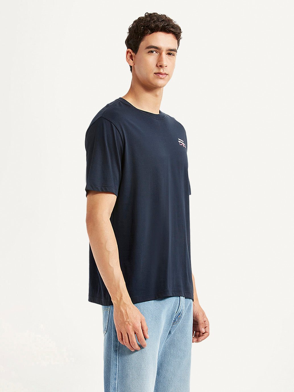 Men's Typography Navy Crew Neck T-shirt - Side View