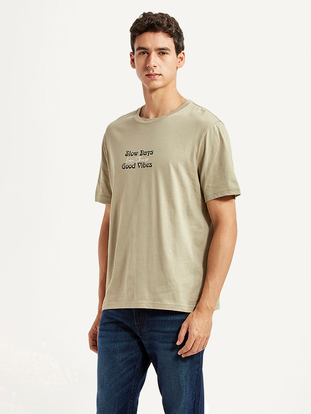 Men's Typography Beige Crew Neck T-shirt - Side View