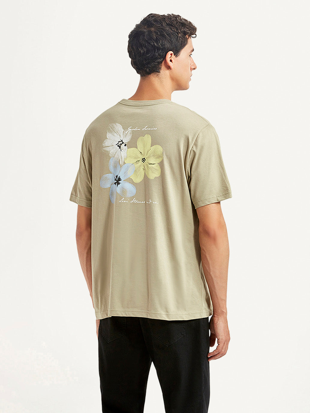 Men's Floral Beige Crew Neck T-shirt - Back View
