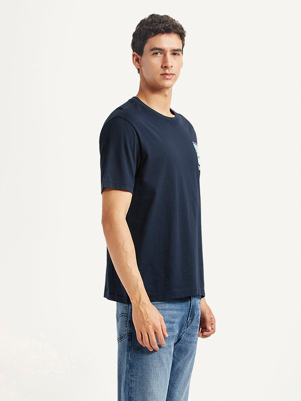 Men's Graphic Print Navy Crew Neck T-shirt - Side View