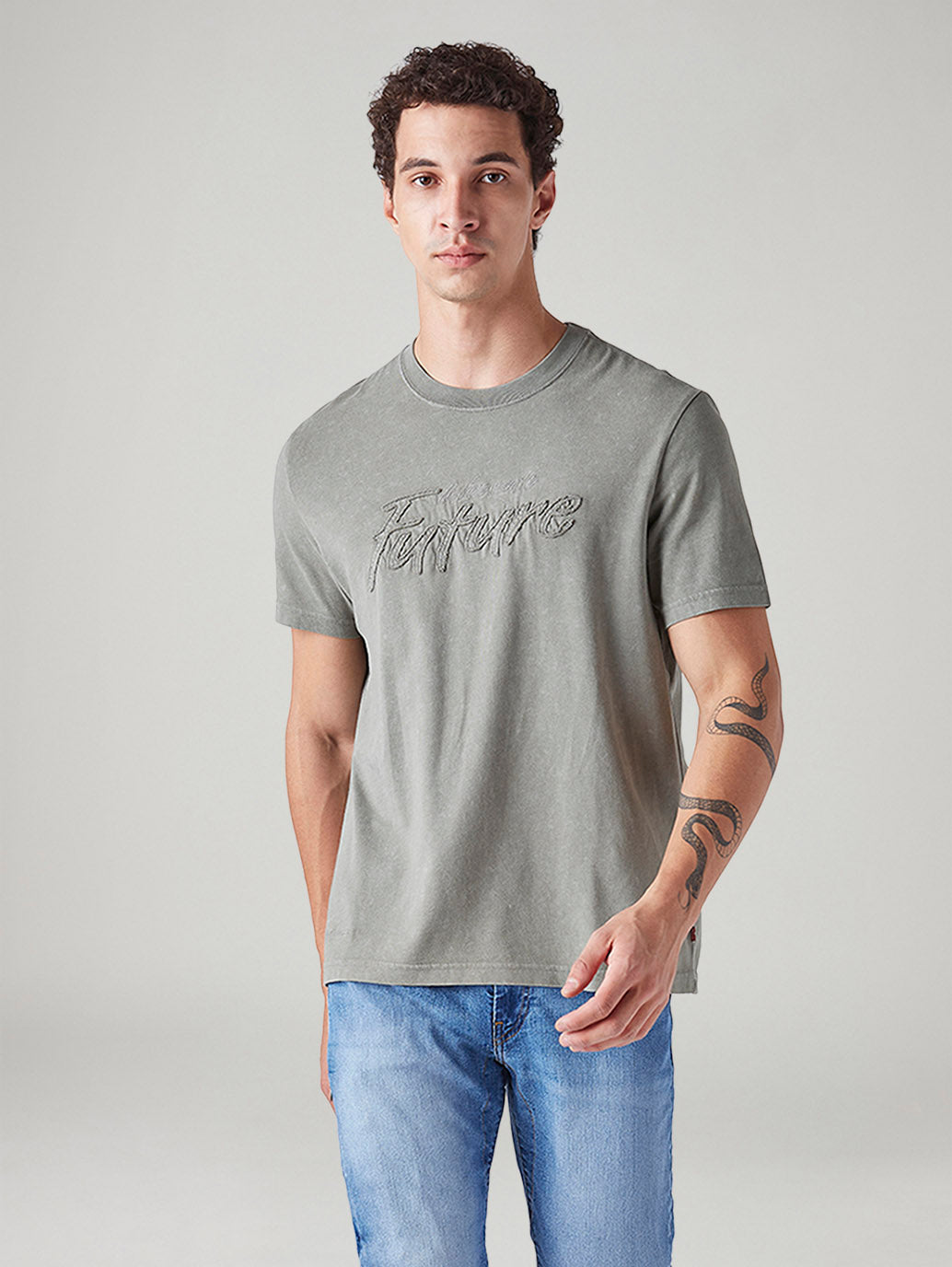 Men's Patchwork Regular Fit Overdyed T-Shirt - Front View