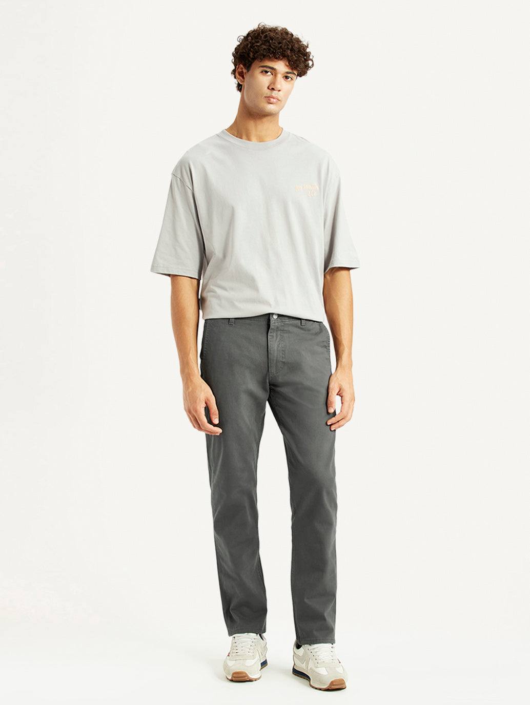 Men's Grey Slim Fit Mid Rise Chinos - Front View