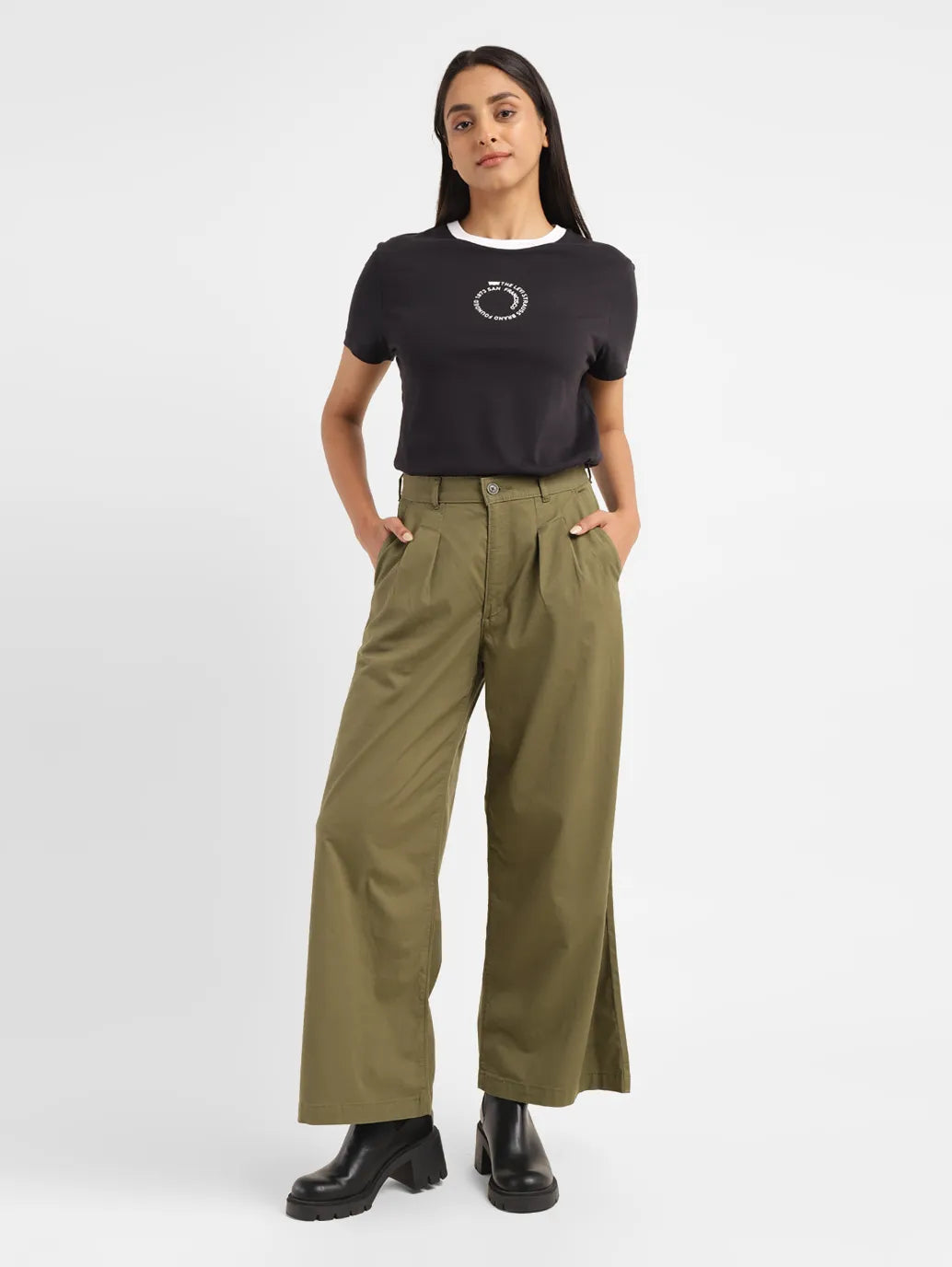 Women's High Rise Olive Loose Fit Trousers