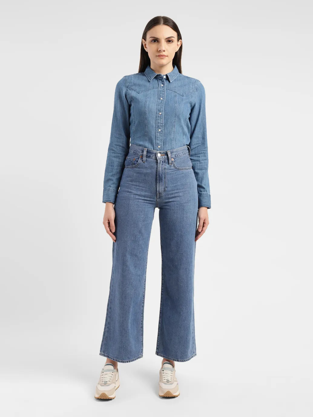 Women's Blue Ribcage Bell Bottom Wide Leg Fit High Rise Jeans
