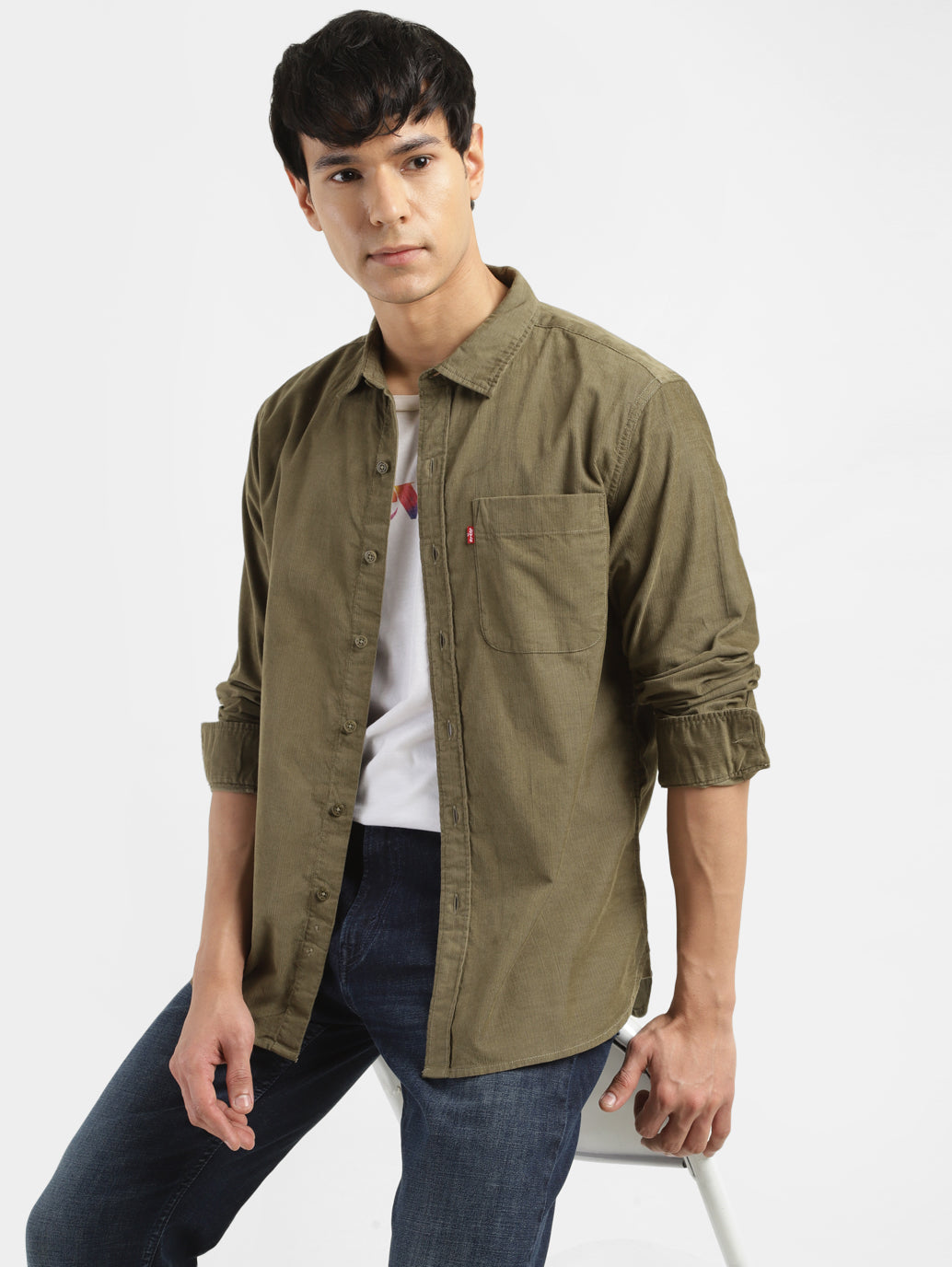 Men's Solid Slim Fit Corduroy Shirt - StyleShot View