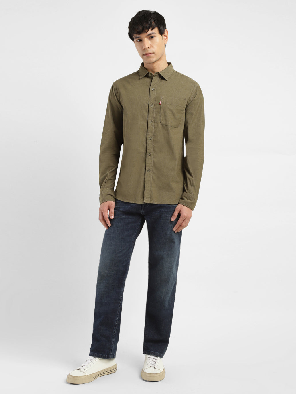 Men's Solid Slim Fit Corduroy Shirt - ModelFront View