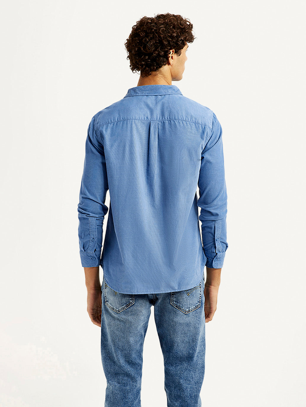 Men's Corduroy Solid Blue Slim Fit Shirt - Back View