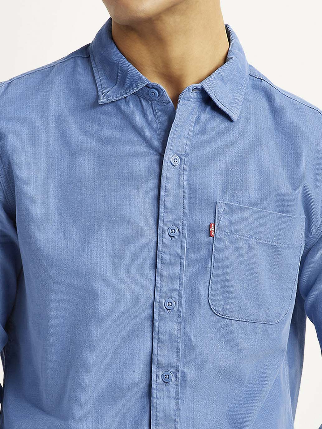 Men's Corduroy Solid Blue Slim Fit Shirt - Detail View