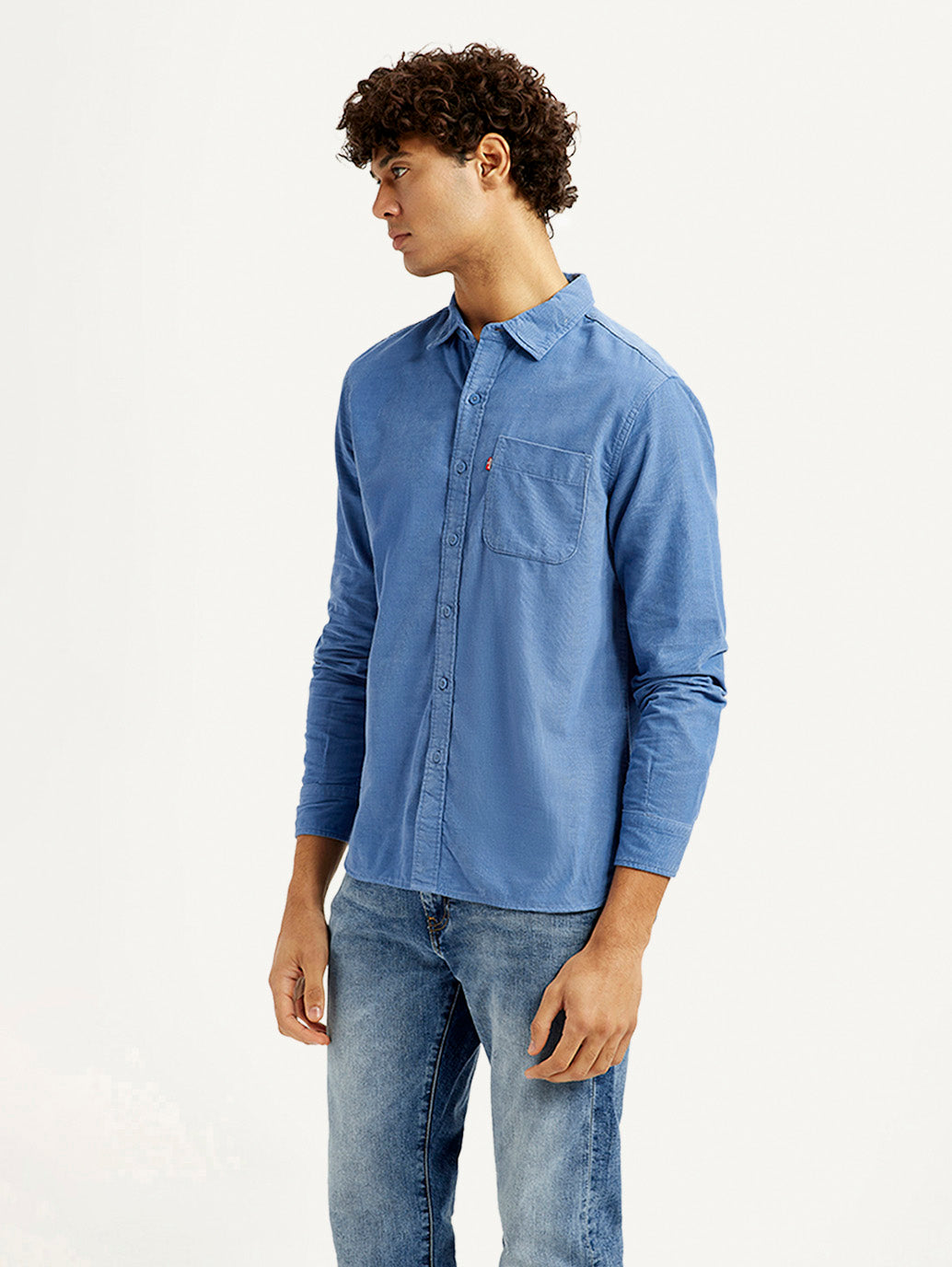 Men's Corduroy Solid Blue Slim Fit Shirt - Side View